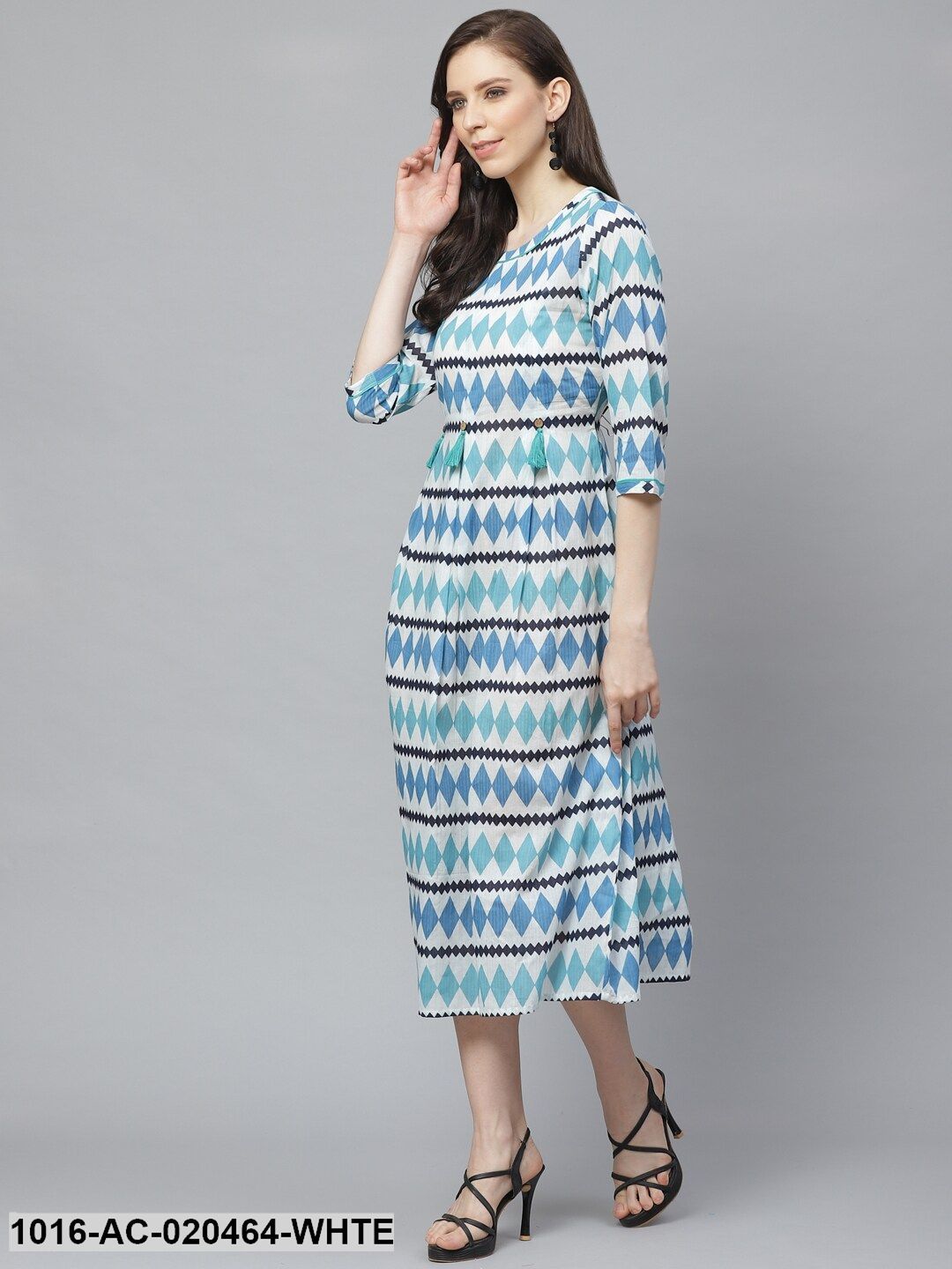 White & Blue Geometric Printed A-Line Dress