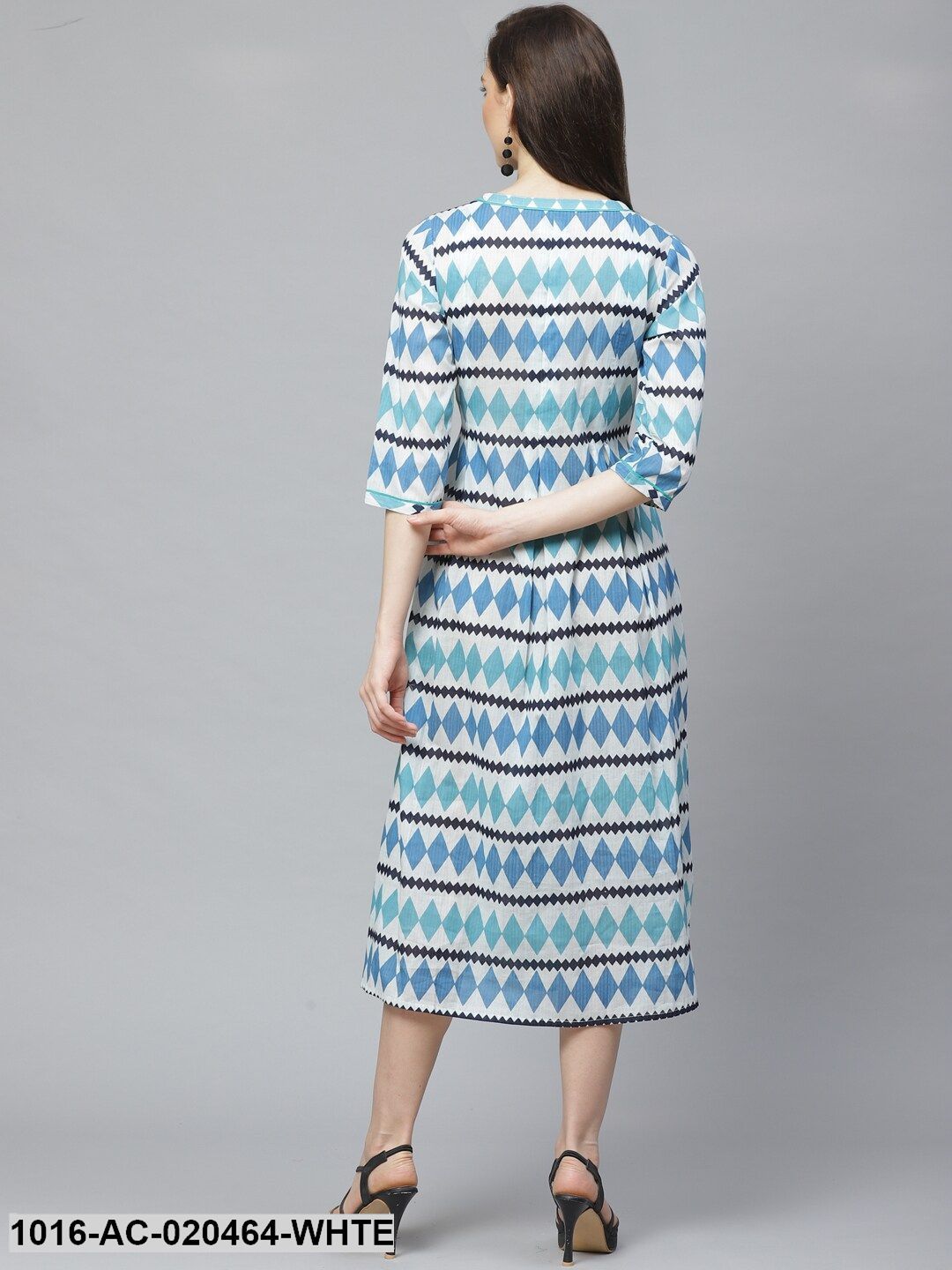 White & Blue Geometric Printed A-Line Dress