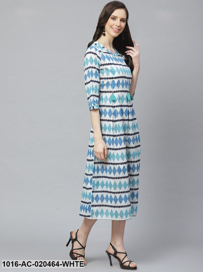 White & Blue Geometric Printed A-Line Dress