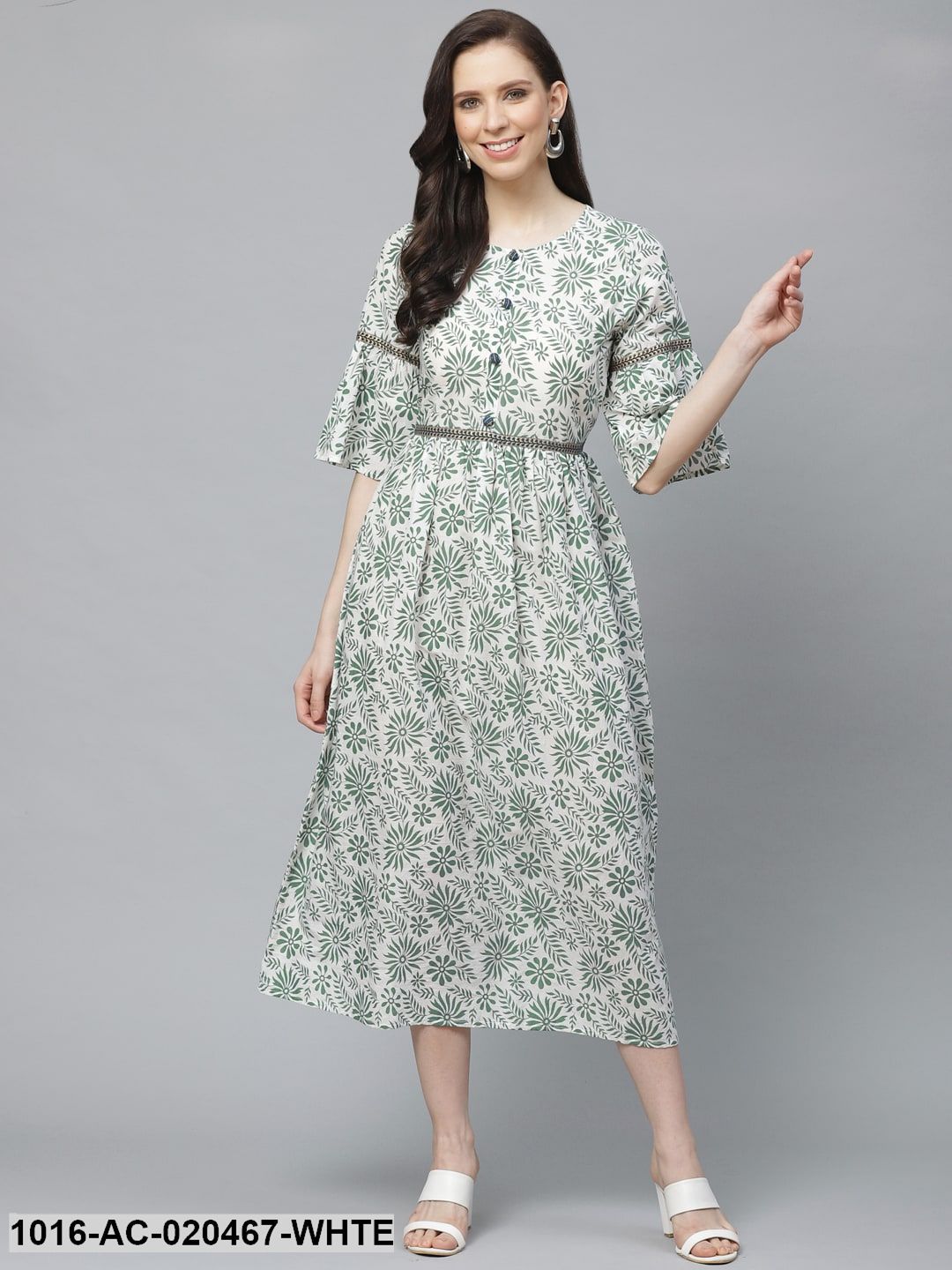 White & Green Floral Printed A-Line Dress