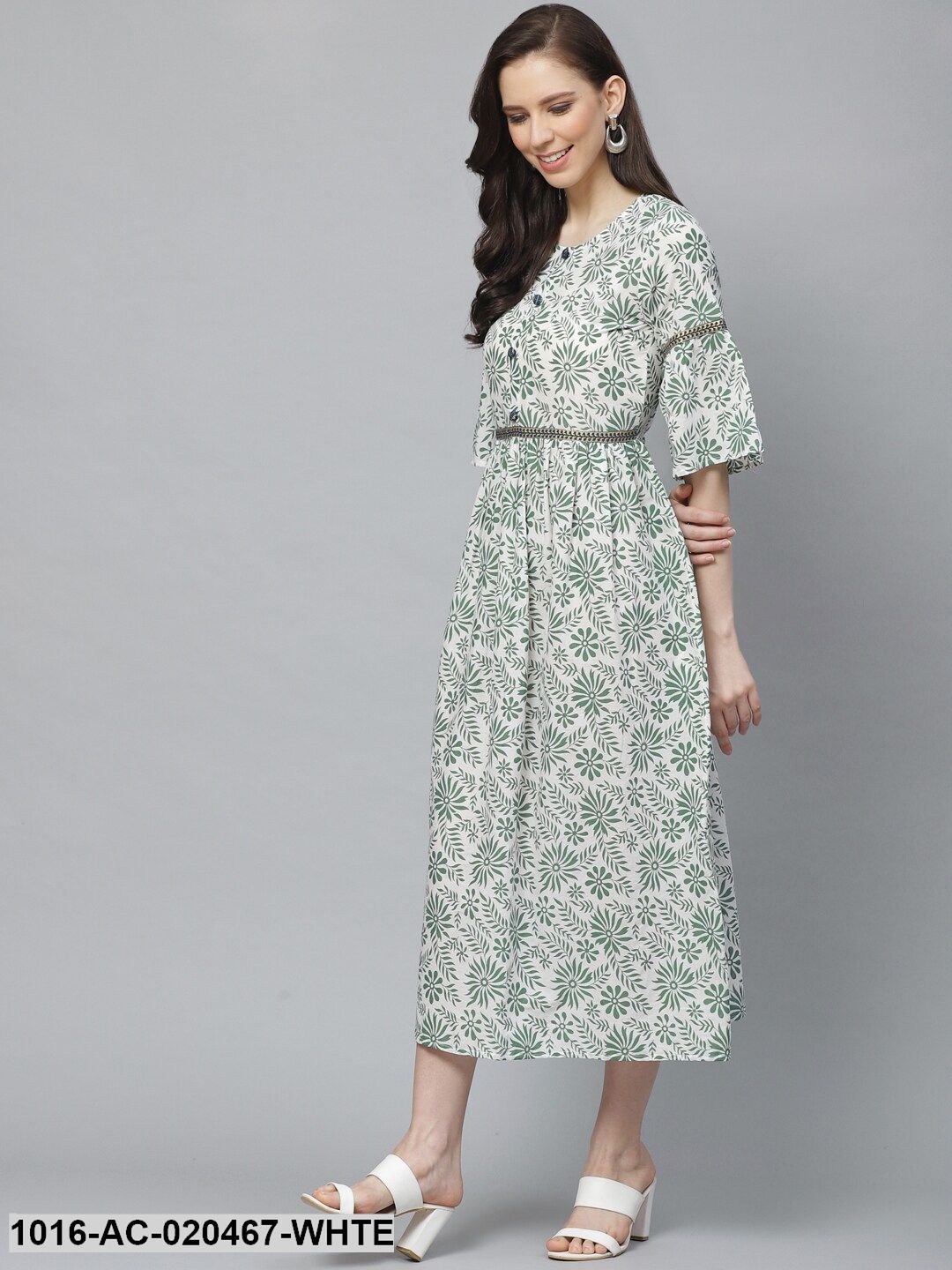 White & Green Floral Printed A-Line Dress