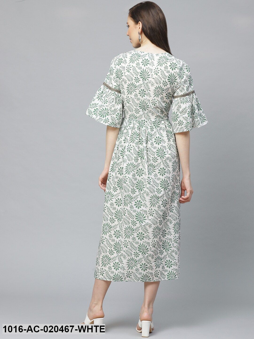 White & Green Floral Printed A-Line Dress