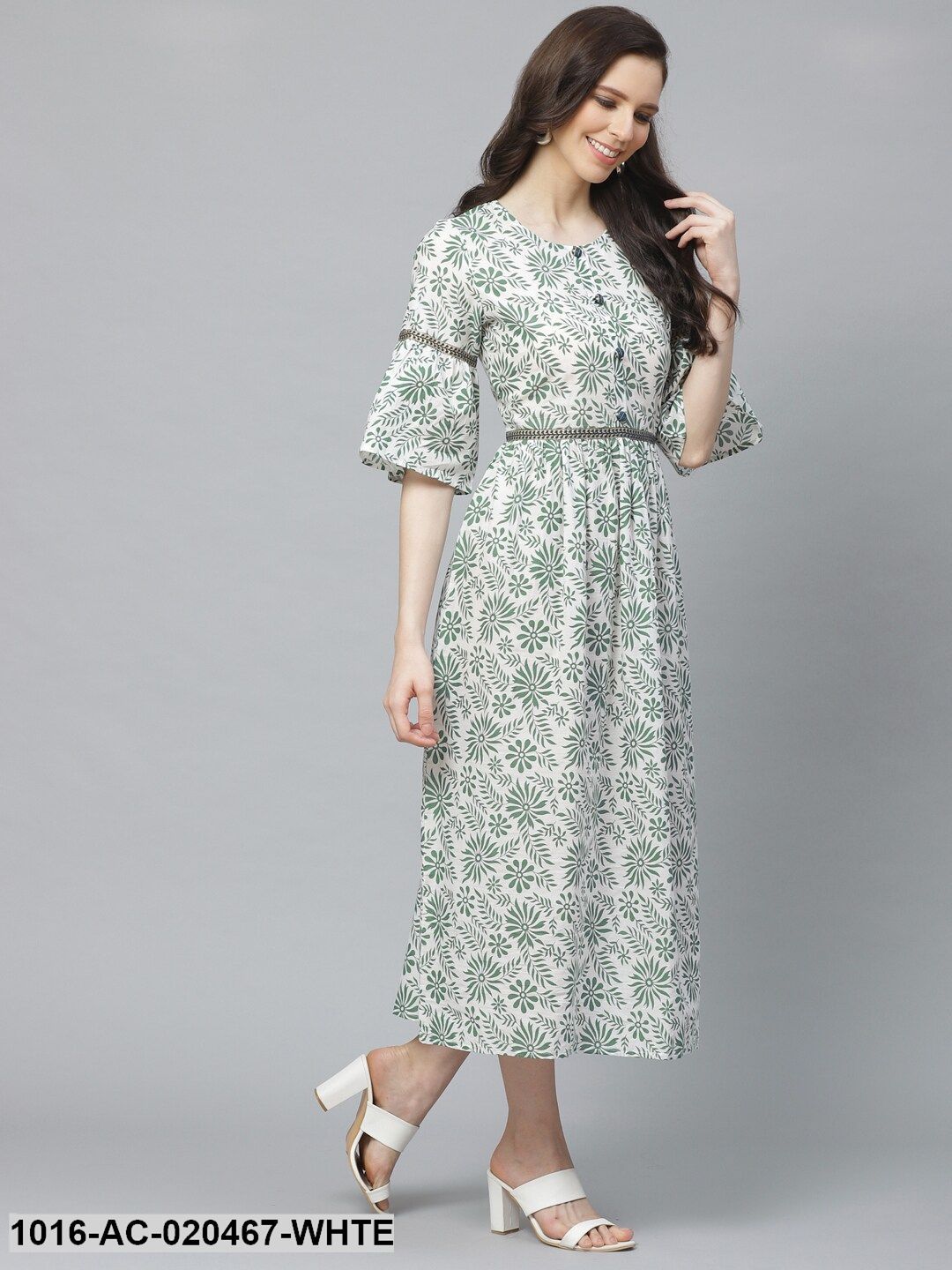 White & Green Floral Printed A-Line Dress