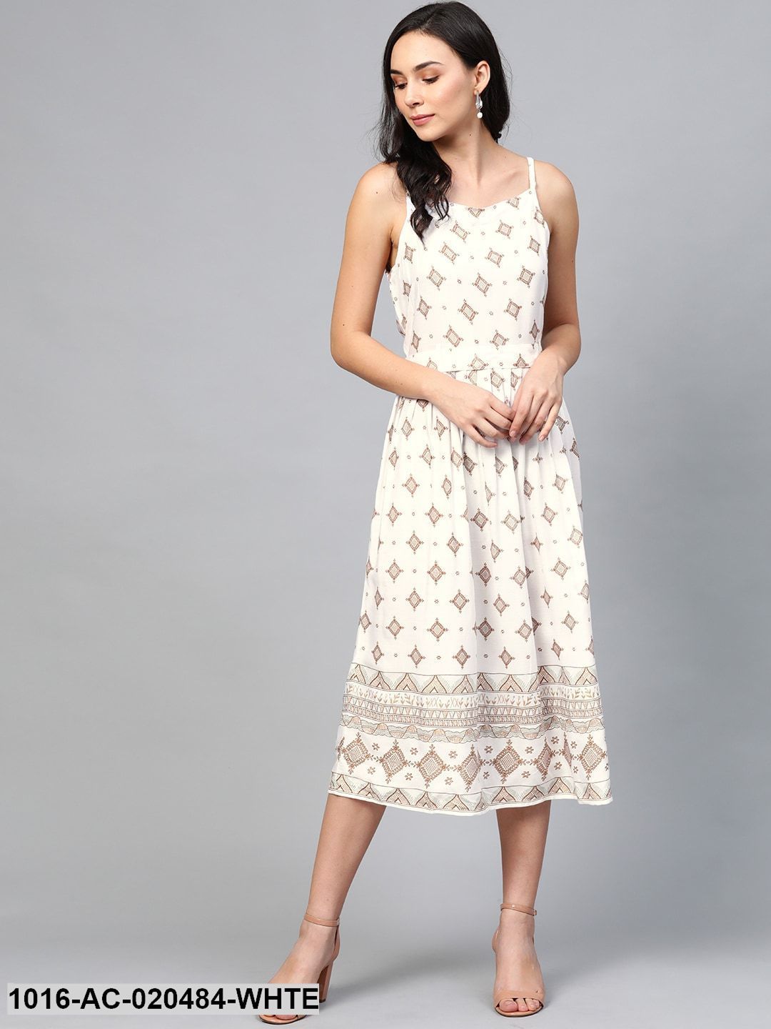 White & Golden Printed A-Line Dress