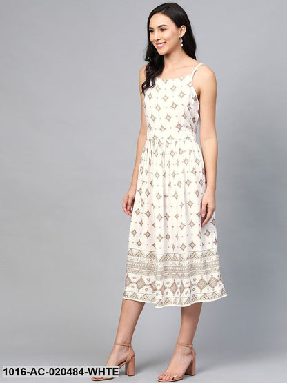 White & Golden Printed A-Line Dress