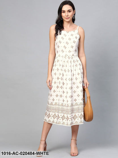 White & Golden Printed A-Line Dress