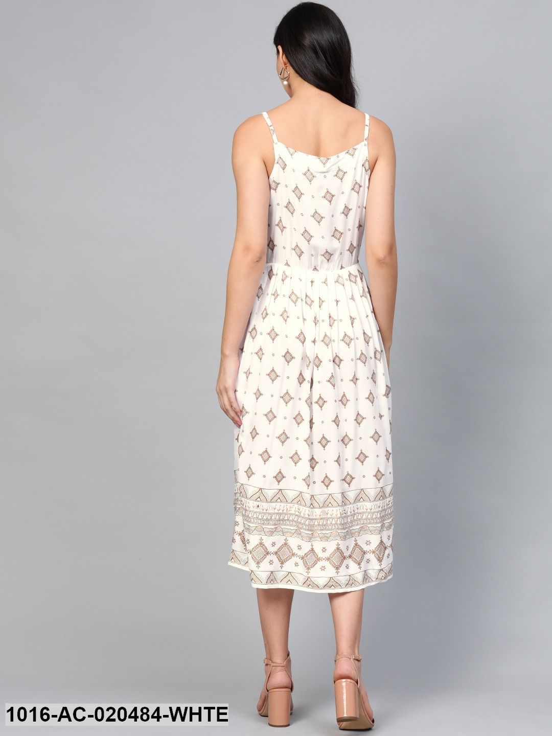 White & Golden Printed A-Line Dress