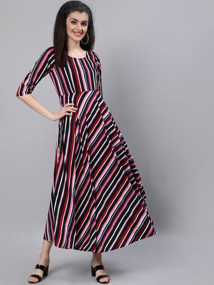 Women Black Striped Dress With Three Quarter Sleeves