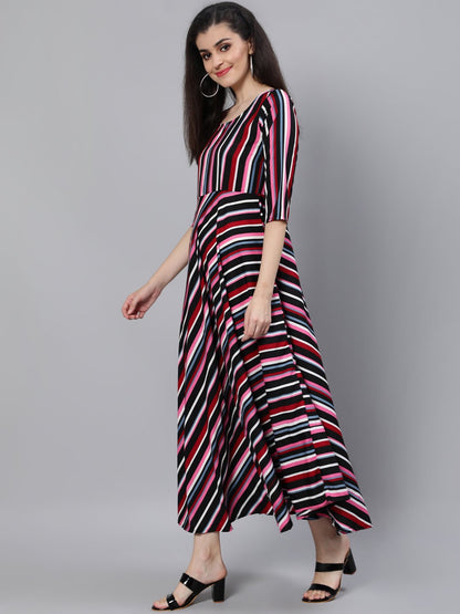 Women Black Striped Dress With Three Quarter Sleeves