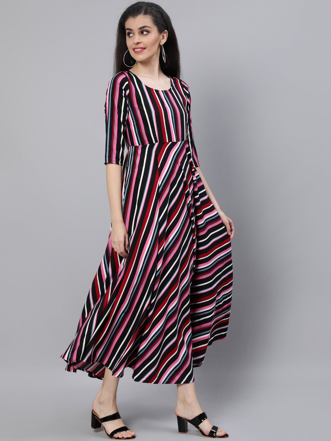 Women Black Striped Dress With Three Quarter Sleeves