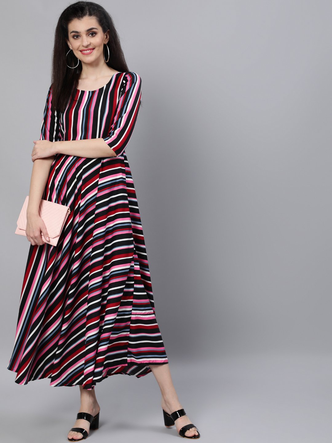 Women Black Striped Dress With Three Quarter Sleeves