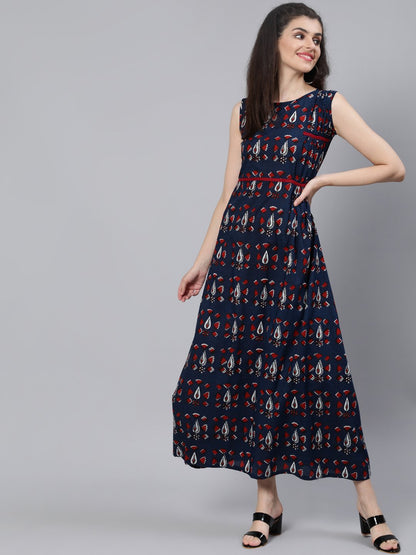 Women Navy Blue Printed Sleeveless Maxi Dress