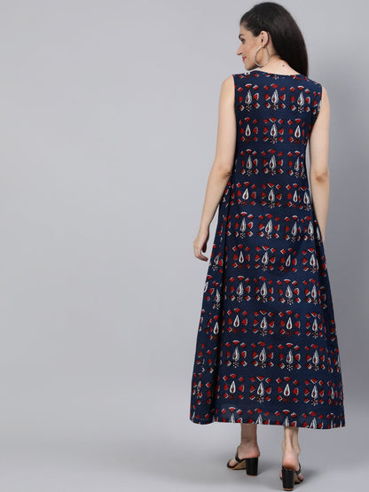 Women Navy Blue Printed Sleeveless Maxi Dress