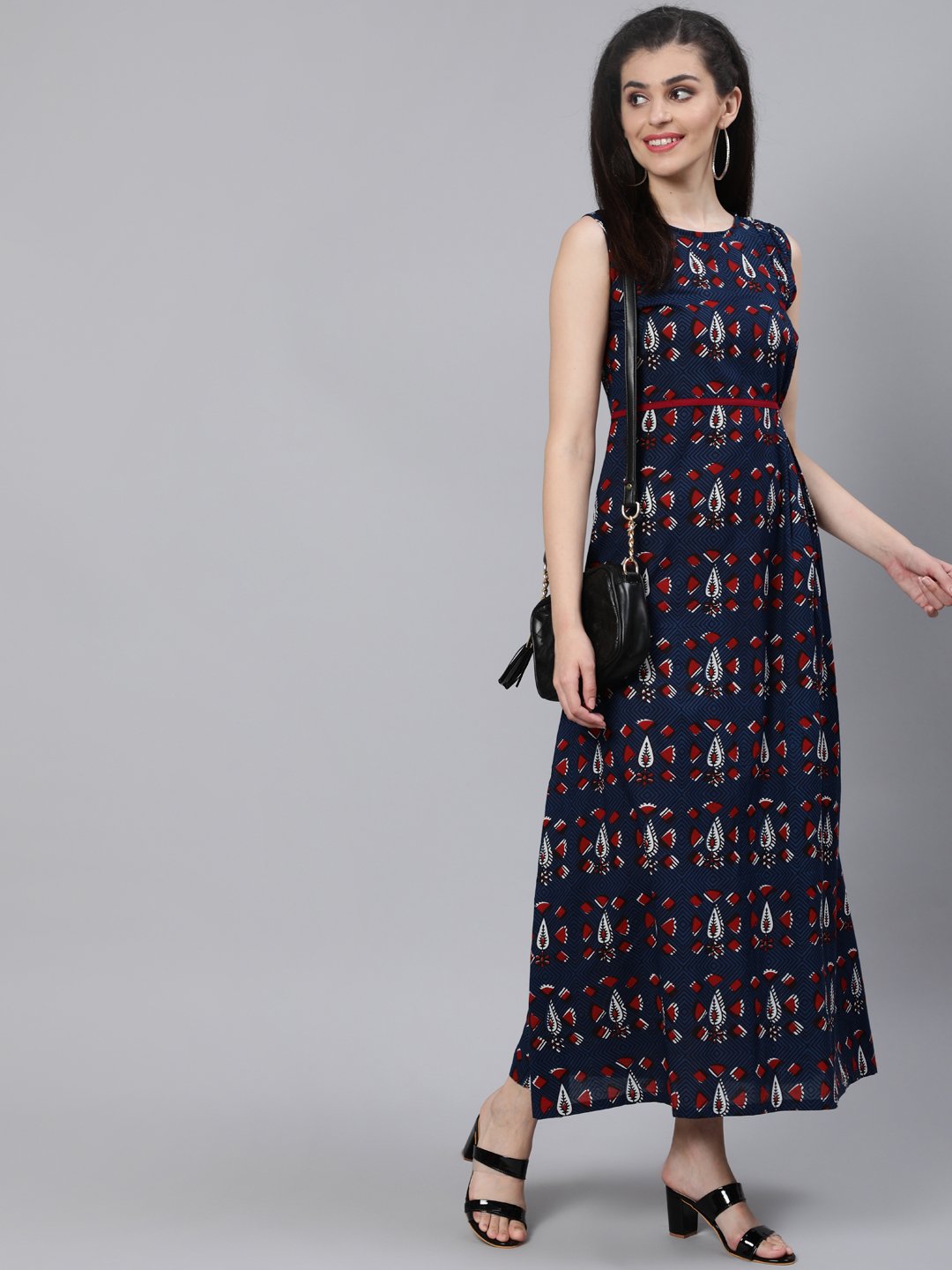 Women Navy Blue Printed Sleeveless Maxi Dress