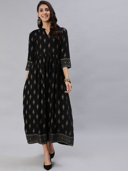 Women Black & Gold Printed Maxi Dress With Three Quarter Sleeves