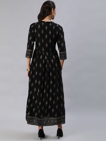 Women Black & Gold Printed Maxi Dress With Three Quarter Sleeves