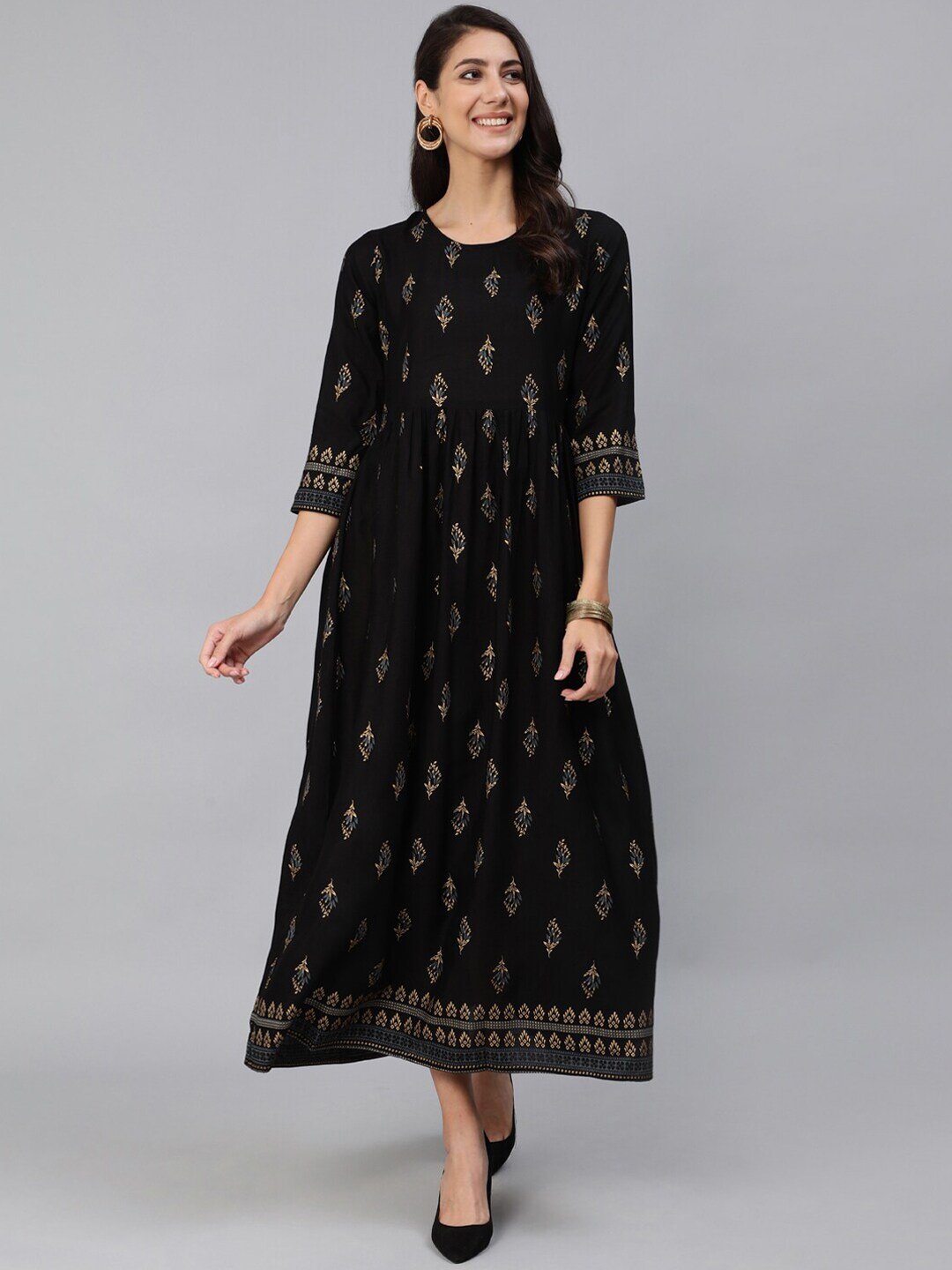 Women Black & Gold Printed Maxi Dress With Three Quarter Sleeves