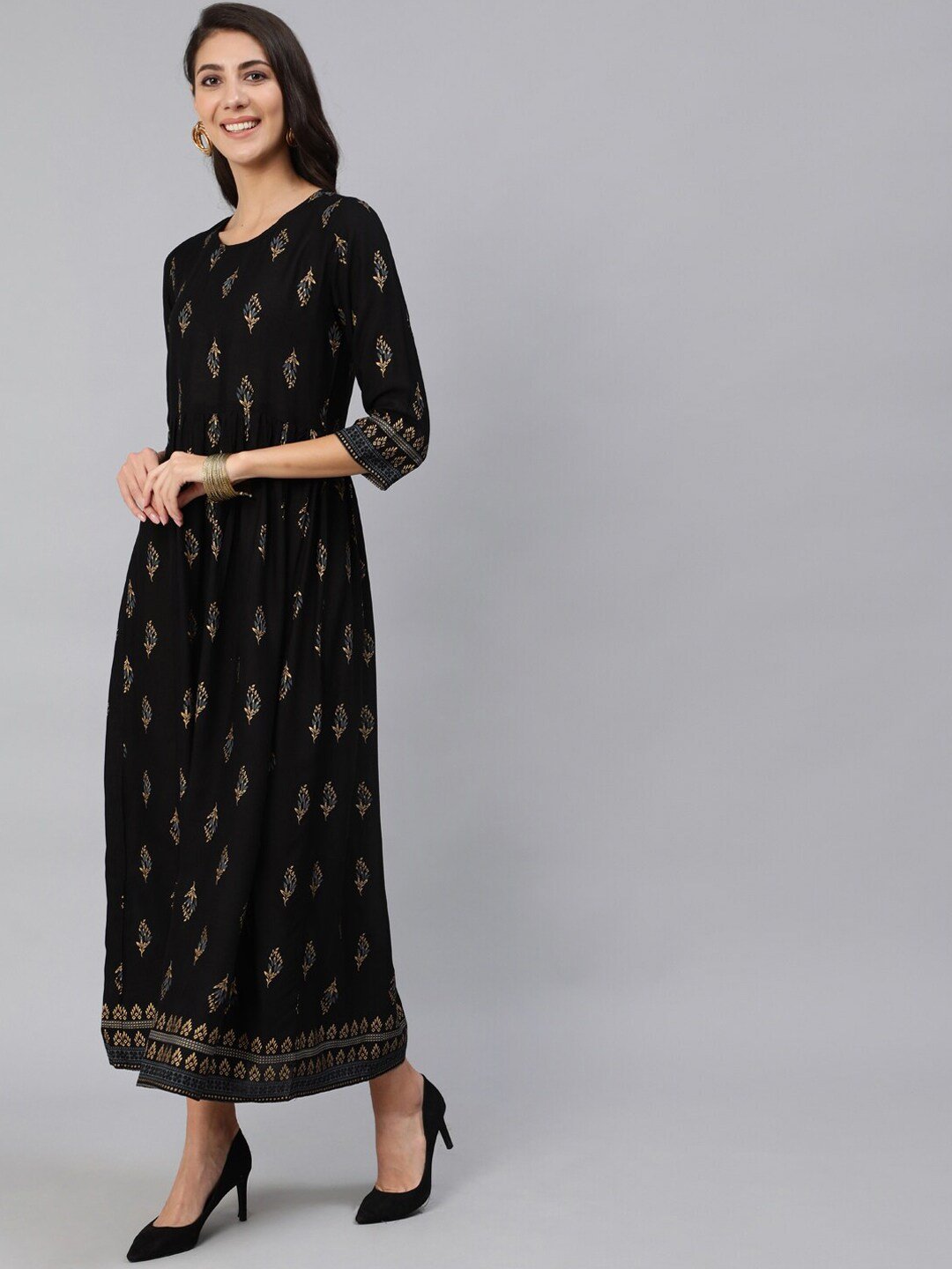 Women Black & Gold Printed Maxi Dress With Three Quarter Sleeves