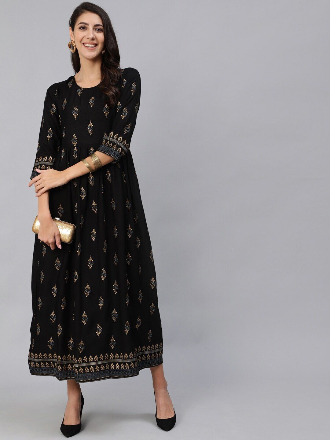 Women Black & Gold Printed Maxi Dress With Three Quarter Sleeves