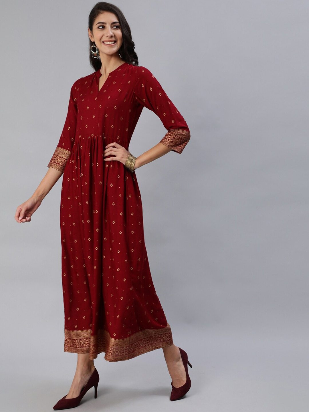 Women Maroon & Gold Printed Maxi Dress With Three Quarter Sleeves