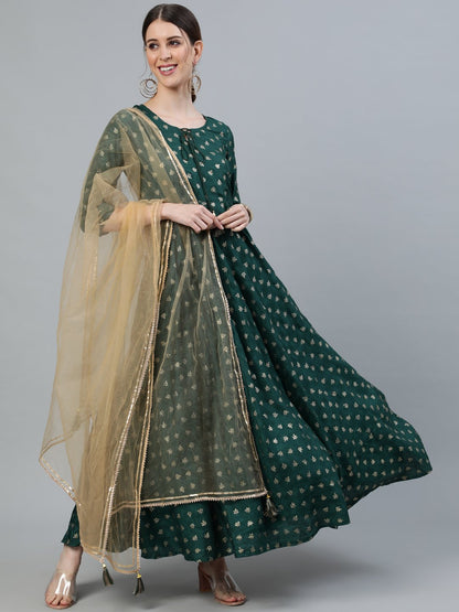 Women Gree & Gold Printed Maxi Dress With Sequance Dupatta