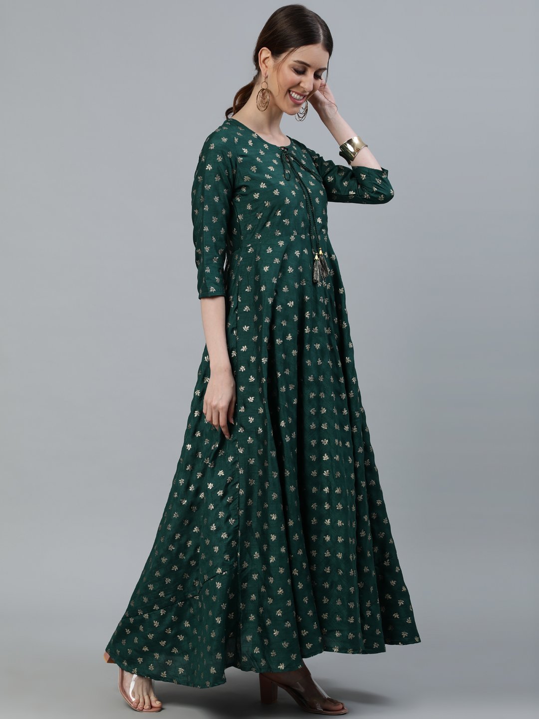 Women Gree & Gold Printed Maxi Dress With Sequance Dupatta