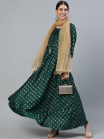 Women Gree & Gold Printed Maxi Dress With Sequance Dupatta