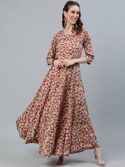 Women Blue Floral Printed Maxi Dress With Three Quarter Sleeves