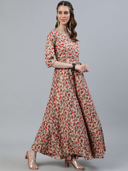 Women Blue Floral Printed Maxi Dress With Three Quarter Sleeves