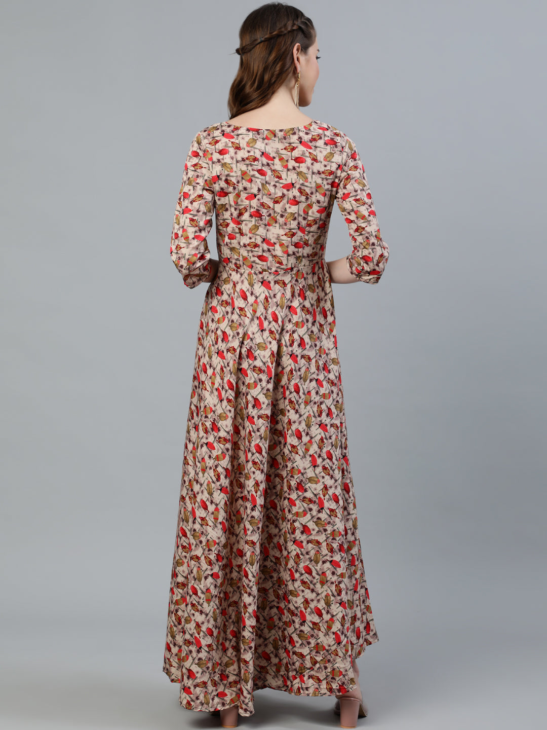 Women Blue Floral Printed Maxi Dress With Three Quarter Sleeves