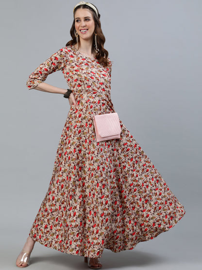 Women Blue Floral Printed Maxi Dress With Three Quarter Sleeves