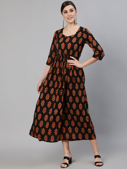 Women Black And Maroon Ethnic Motif Printed Maxi Dress With Three Quarter Sleeves