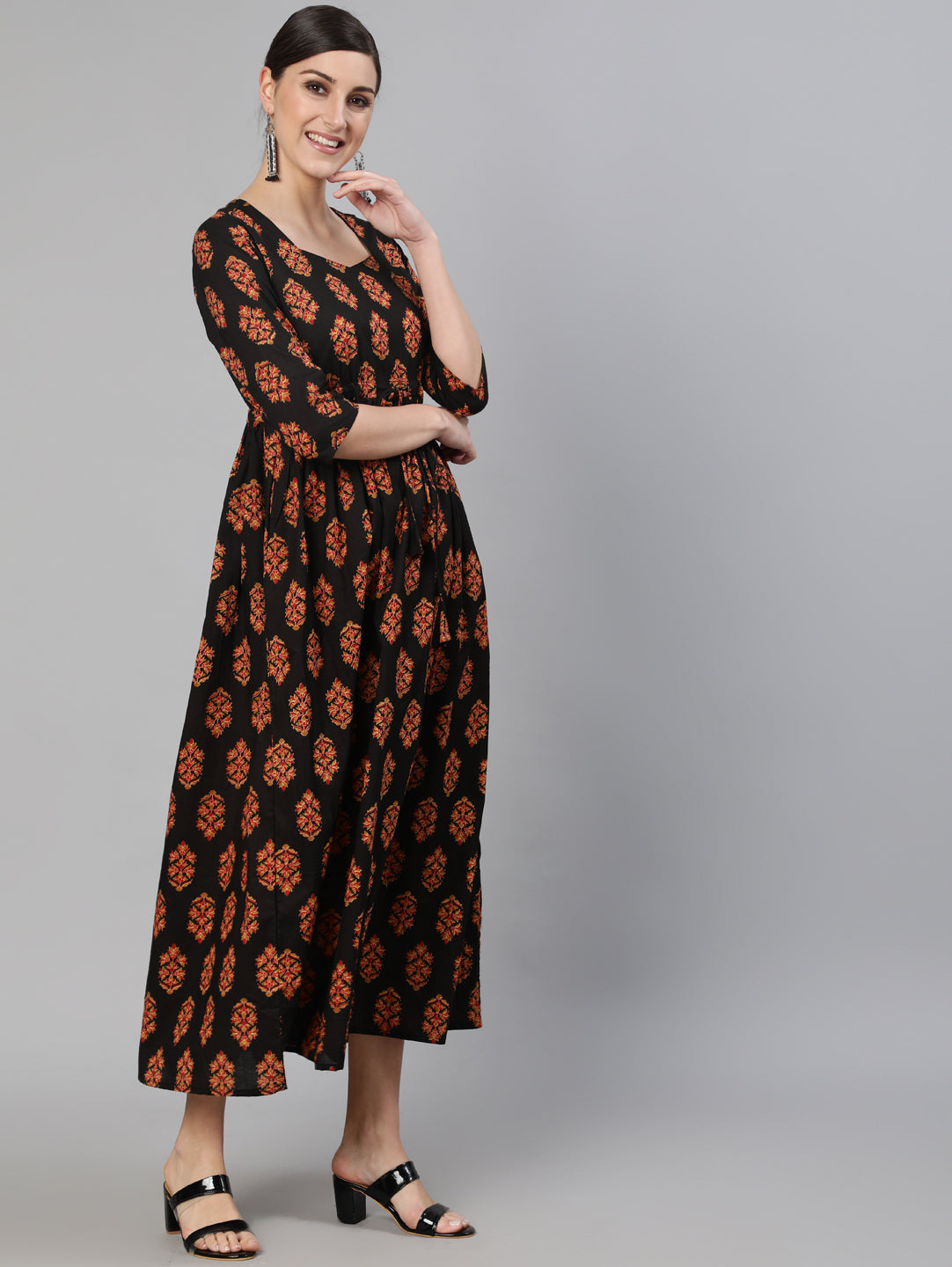 Women Black And Maroon Ethnic Motif Printed Maxi Dress With Three Quarter Sleeves