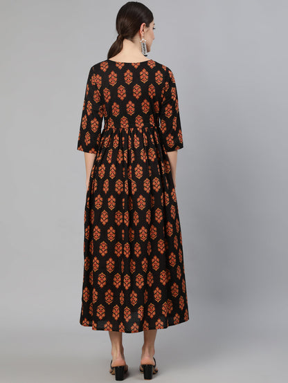 Women Black And Maroon Ethnic Motif Printed Maxi Dress With Three Quarter Sleeves