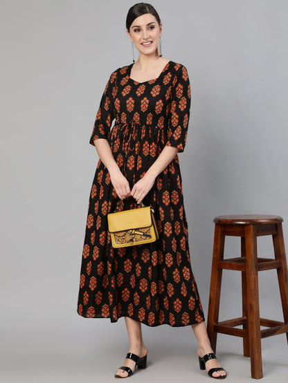 Women Black And Maroon Ethnic Motif Printed Maxi Dress With Three Quarter Sleeves