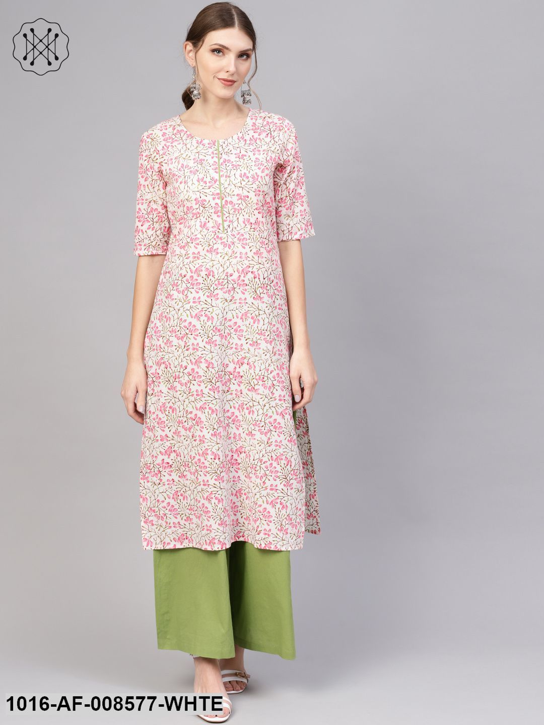 White & Pink Floral Printed Straight Kurta With Green Palazzo