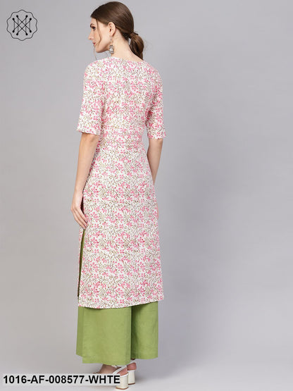 White & Pink Floral Printed Straight Kurta With Green Palazzo