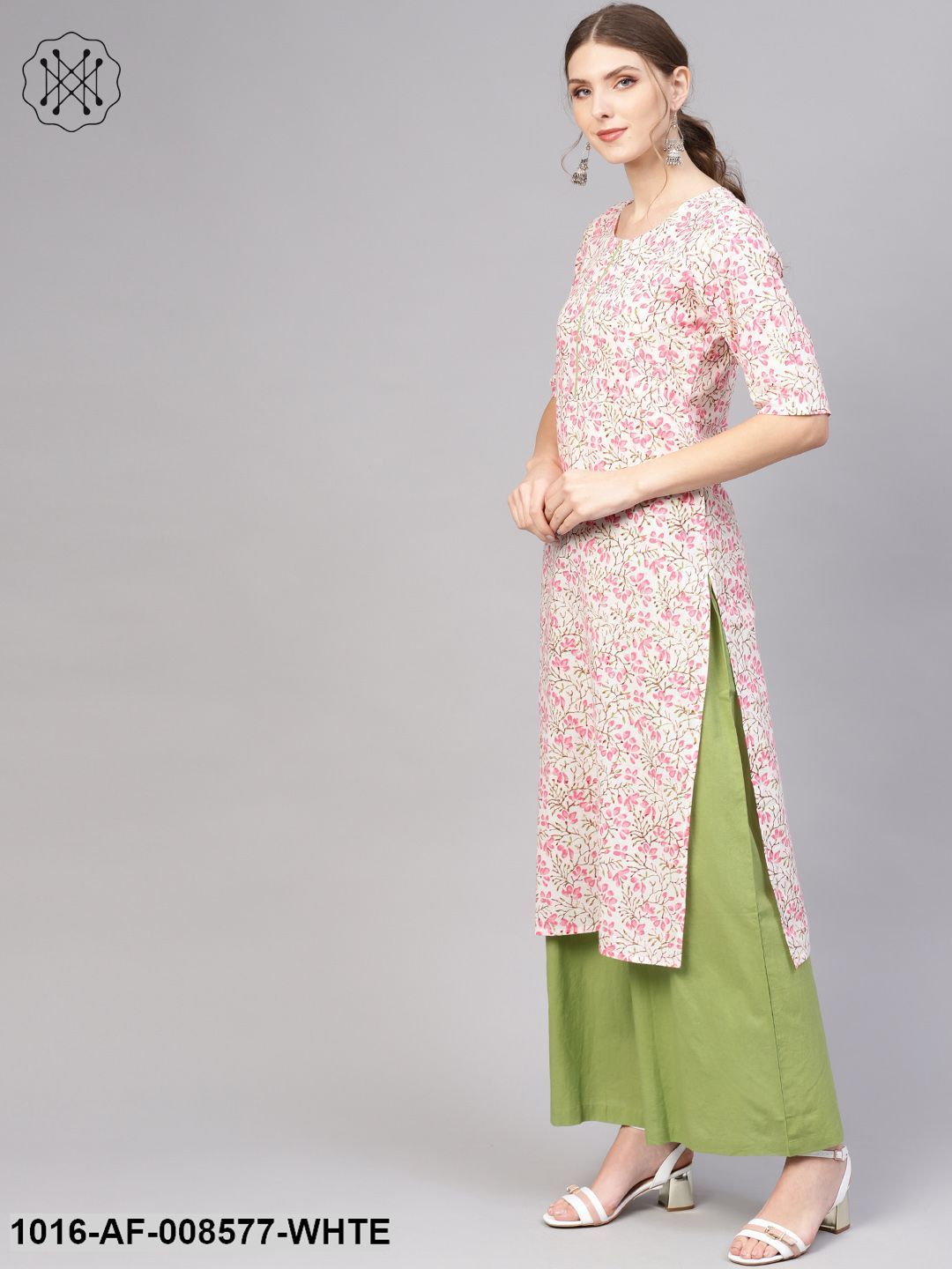 White & Pink Floral Printed Straight Kurta With Green Palazzo