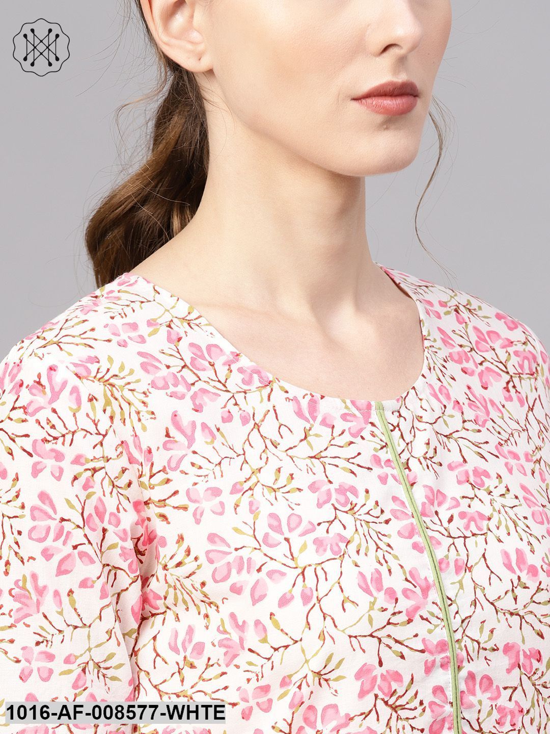 White & Pink Floral Printed Straight Kurta With Green Palazzo