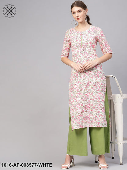 White & Pink Floral Printed Straight Kurta With Green Palazzo