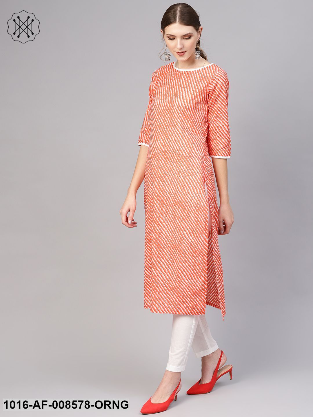 White & Orange Lehriya Straight Kurta Set With White Straight Pants