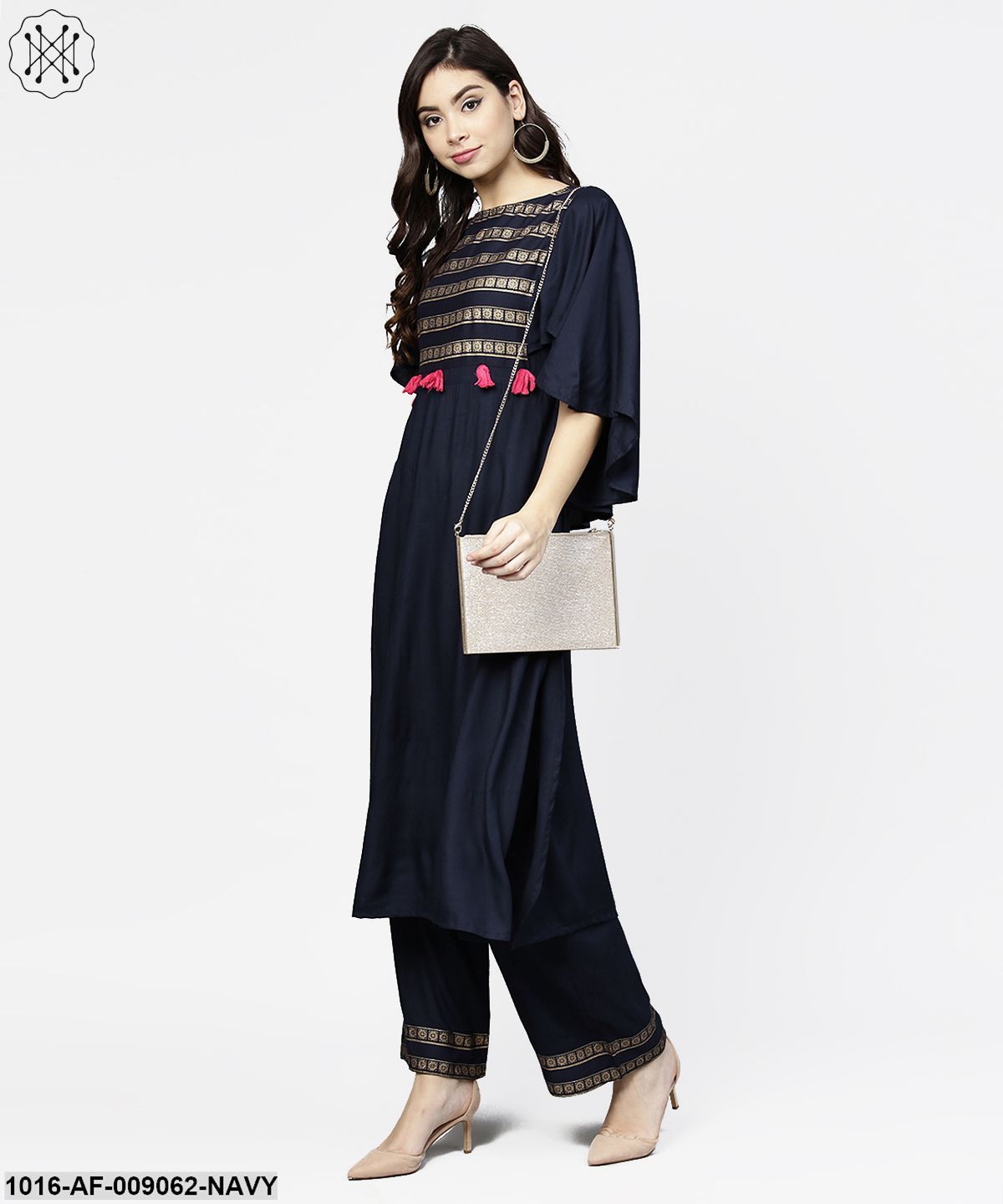 Navy Blue Yoke Printed 3/4Th Sleeve Cotton Yoke Printed Kurta With Ankle Length Palazzo