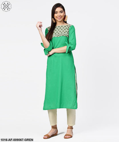 Green Yoke Printed Half Sleeve Cotton Kurta With Cream Ankle Length Palazzo