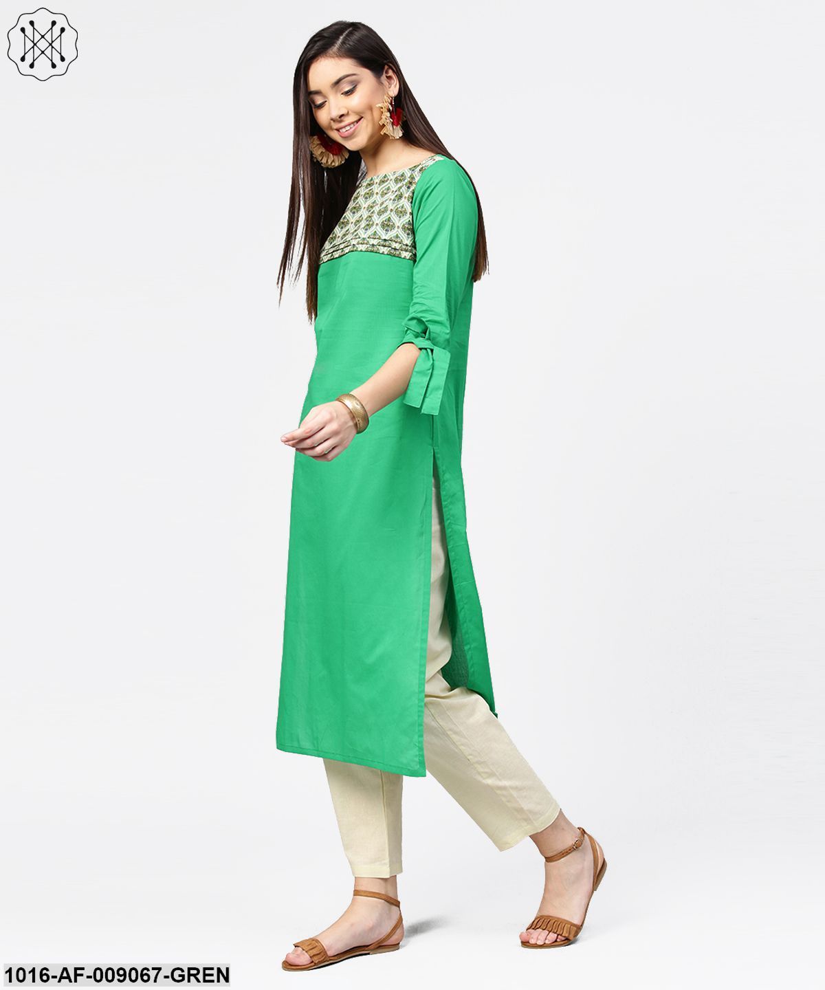 Green Yoke Printed Half Sleeve Cotton Kurta With Cream Ankle Length Palazzo