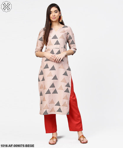 Beige Printed 3/4Th Sleeve Cotton Kurta With Maroon Ankle Length Pallazo