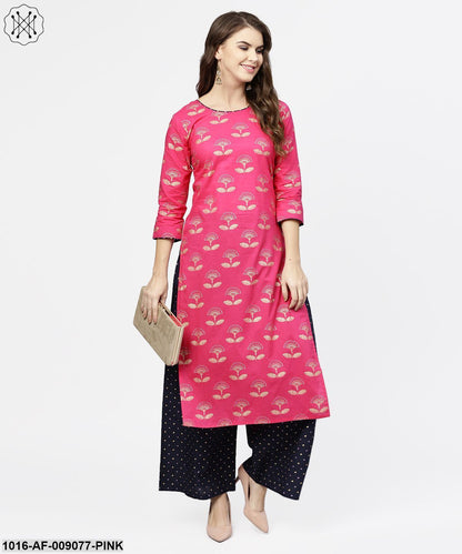 Pink 3/4Th Sleeve Cotton Printed Kurta With Black Printed Ankle Length Pallazo