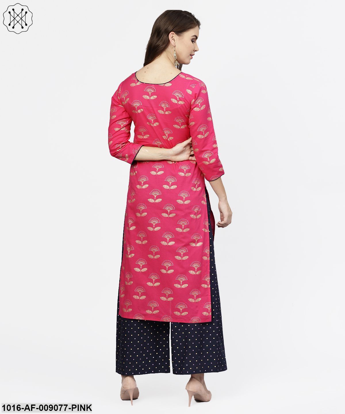 Pink 3/4Th Sleeve Cotton Printed Kurta With Black Printed Ankle Length Pallazo