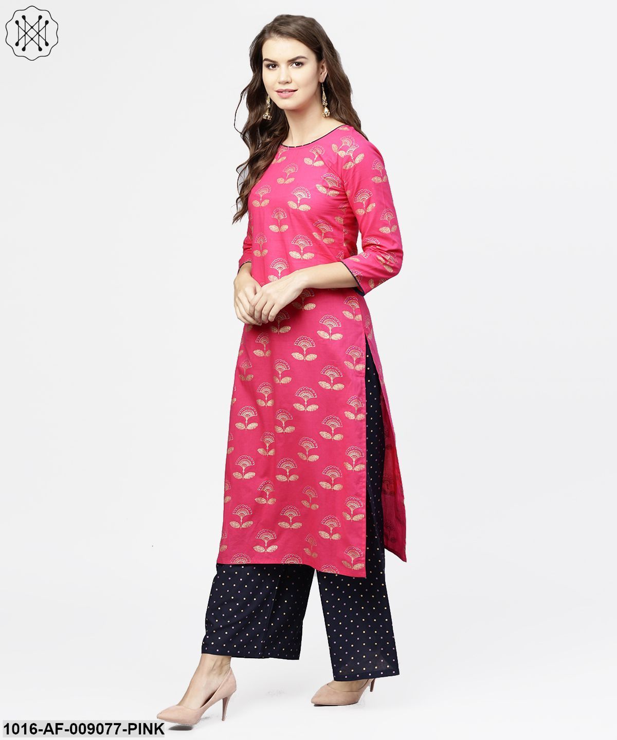 Pink 3/4Th Sleeve Cotton Printed Kurta With Black Printed Ankle Length Pallazo