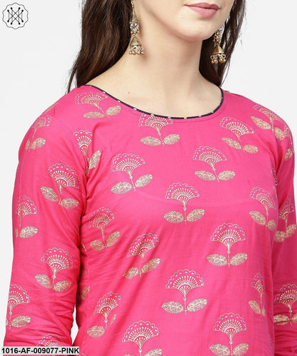 Pink 3/4Th Sleeve Cotton Printed Kurta With Black Printed Ankle Length Pallazo