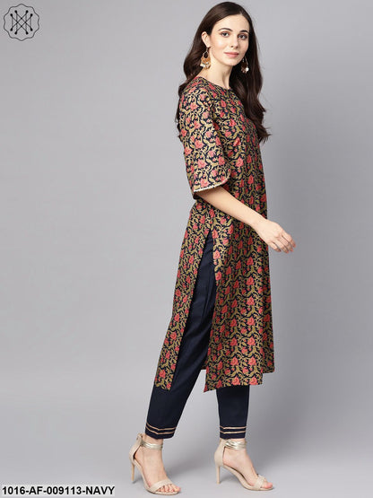 Navy Blue & Gold Khari Floral Printed Kurta Set With Solid Navy Blue Pants